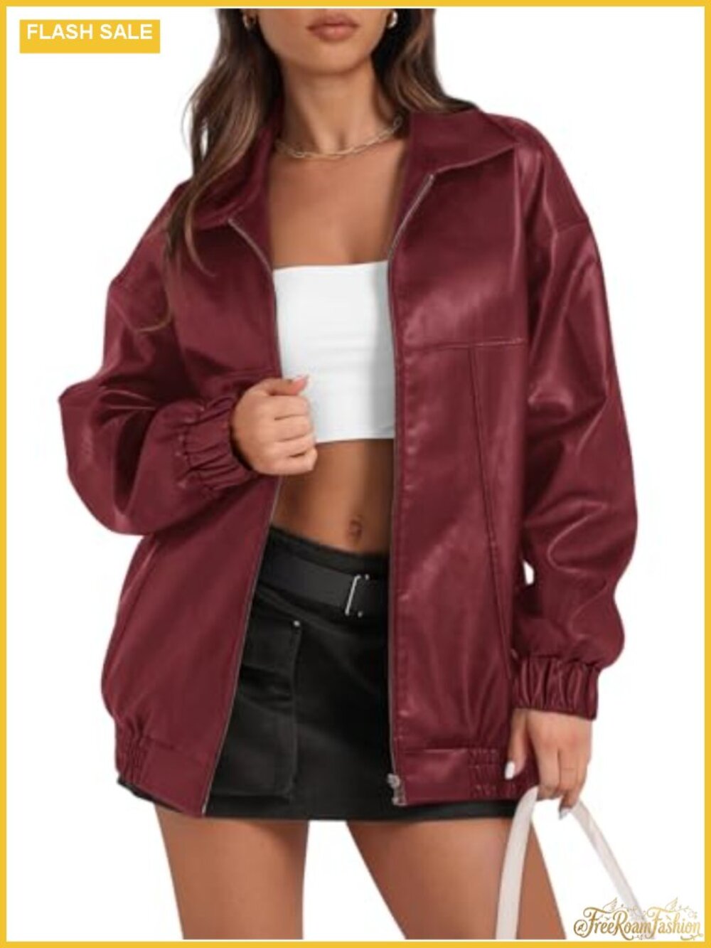 Faux Leather Jacket Oversized Motorcycle Zip Up Women Outerwear